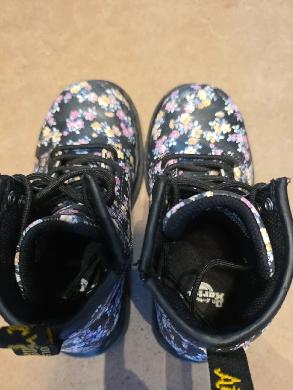 Dr Martens Floral Combat Boots - Black with Pink & Cream Flowers Size 10 Toddler